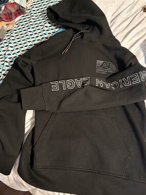 American Eagle Black Pullover Hoodie with Logo Neck Print